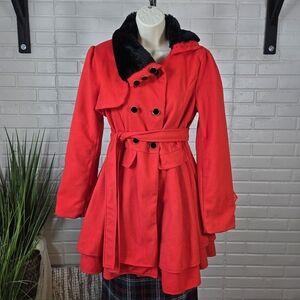 OWIND Red Peplum Peacoat with black fur collar Extra Small Small